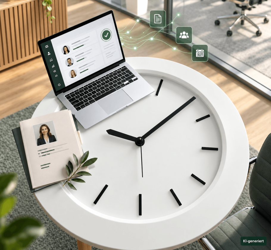 Zwei Personen in einem modernen Büro unterhalten sich über einen Laptop.