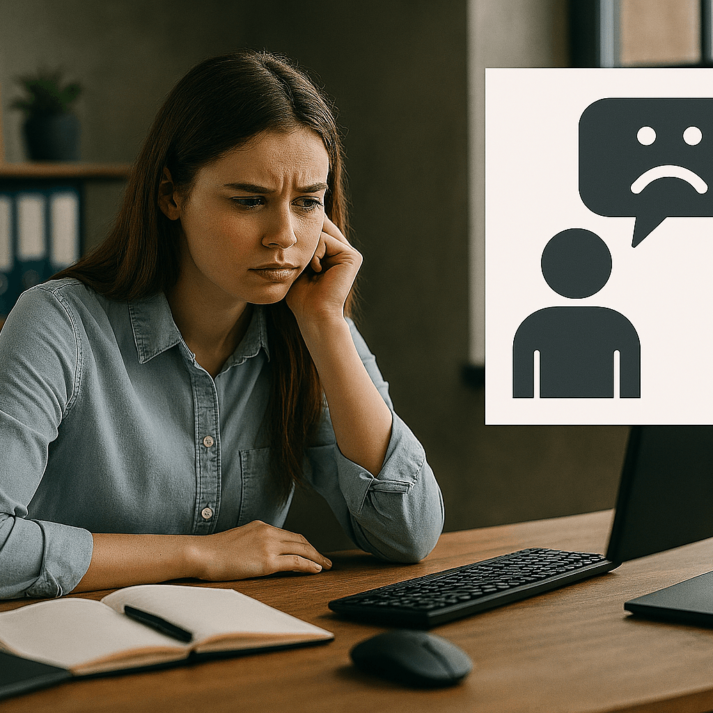 Nachdenkliche Frau am Computer mit Symbol für emotionale Unterstützung.