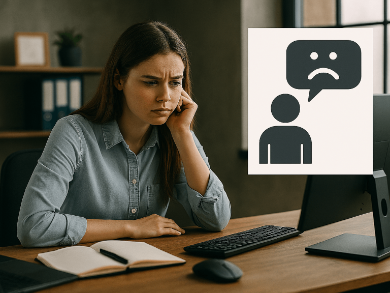 Nachdenkliche Frau am Schreibtisch, vor dem Computer sitzend, denkt über Feedback nach.