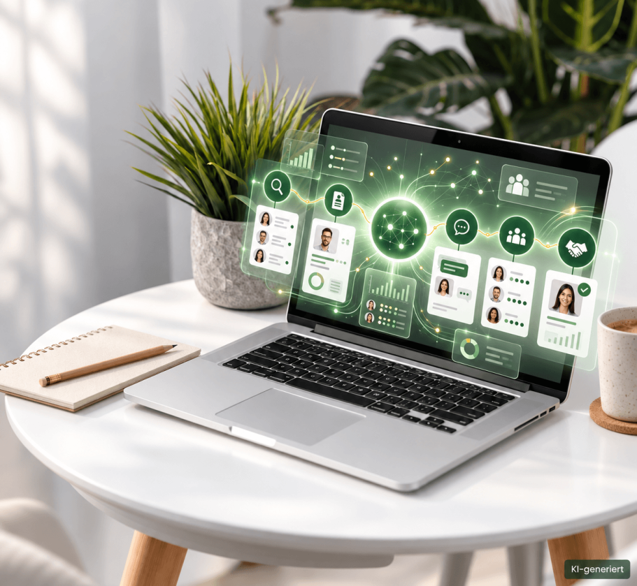 Geschäftsmann analysiert Daten auf einem Tablet vor digitalen Grafiken und Gehirn-Visualisierung.