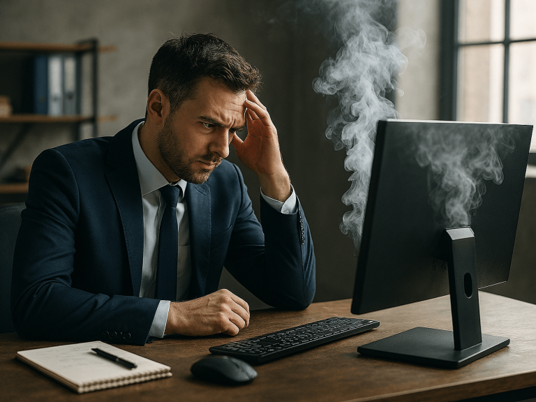 Gestresster Mann im Anzug, sitzt vor einem rauchenden Computerbildschirm.