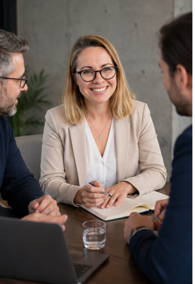 Eine Frau mit Brille, blonden Haaren, rouge Lippen und nachdenklichem Gesichtsausdruck.