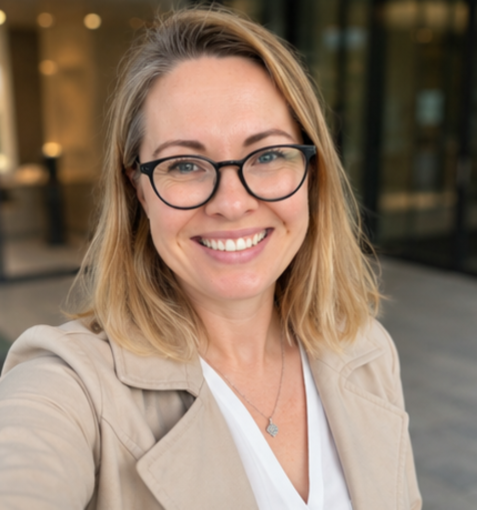 Frau mit blonden Haaren und Brille, lächelt vor einem modernen Gebäude.