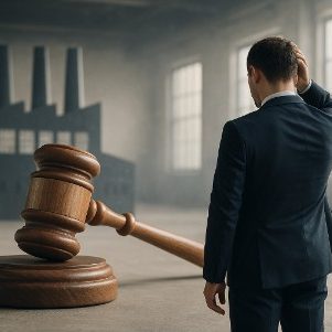 Mann in Anzug steht nachdenklich vor einem großen Richterhammer in einem leeren Raum.