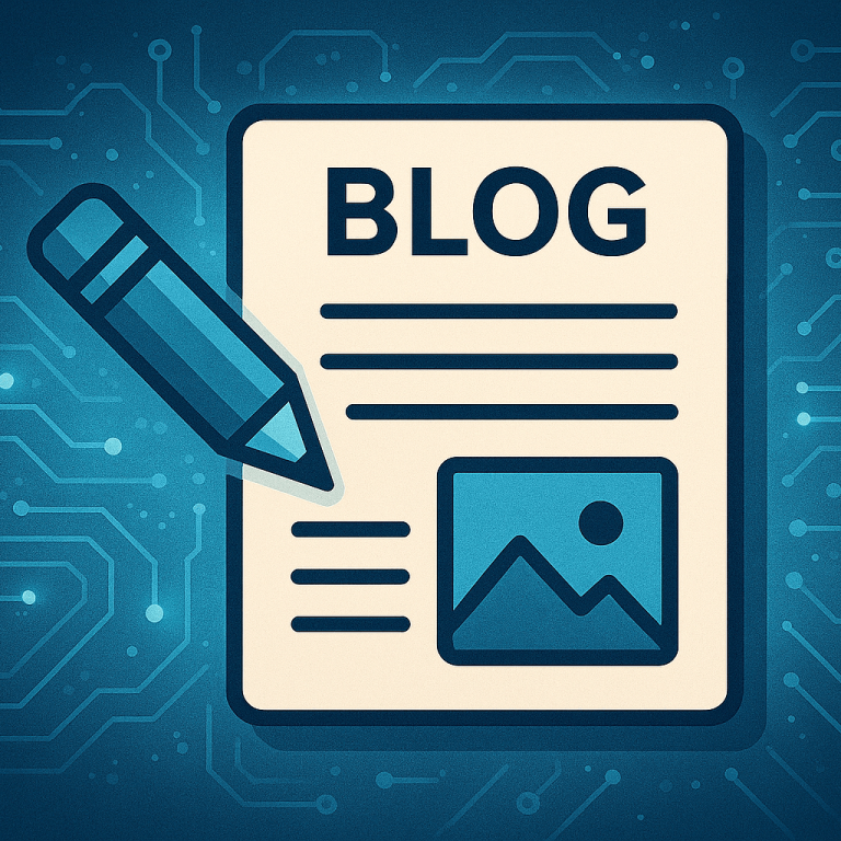 Grafik eines Blogbeitrags mit Stift und Platz für ein Bild, auf digitalem Hintergrund.
