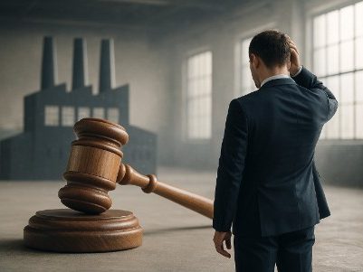 Mann in Anzug steht vor einem großen Richterhammer in einer leerstehenden Fabrik.