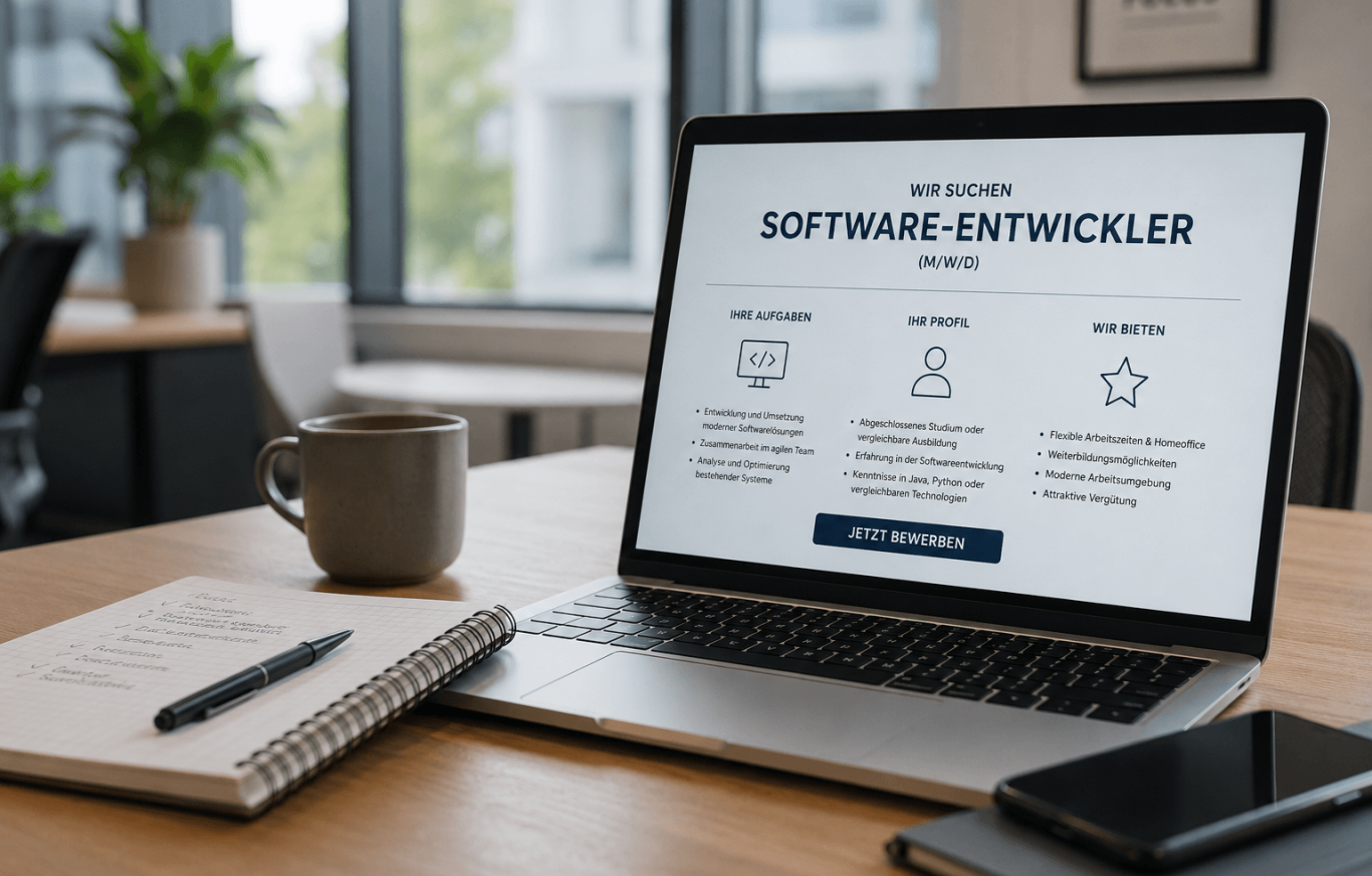 Laptop mit Software-Entwickler-Stellenangebot auf einem Tisch, daneben ein Kaffeebecher.