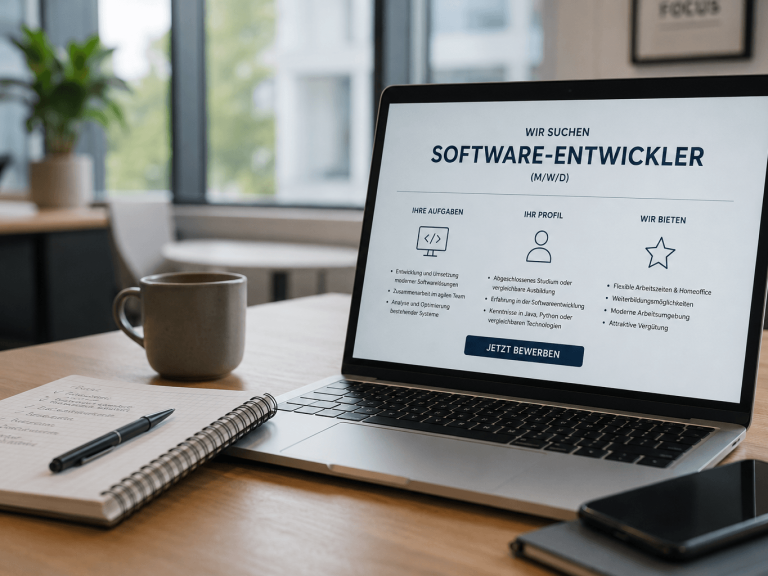 Laptop mit Informationen zu einer Softwareentwickler-Stelle, Kaffeetasse und Notizblock.