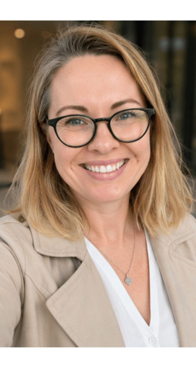 Christine Blum - Inhaberin Blum HR Consulting Lächelnde Frau mit Brille in einem modernen Büro, sitzt an einem Tisch.