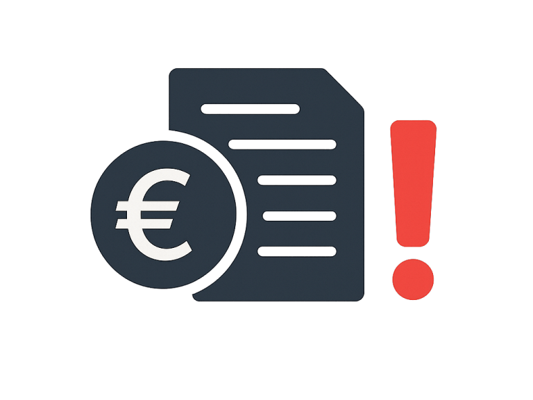 Ein Euro-Symbol neben einem Dokument mit Ausrufezeichen.